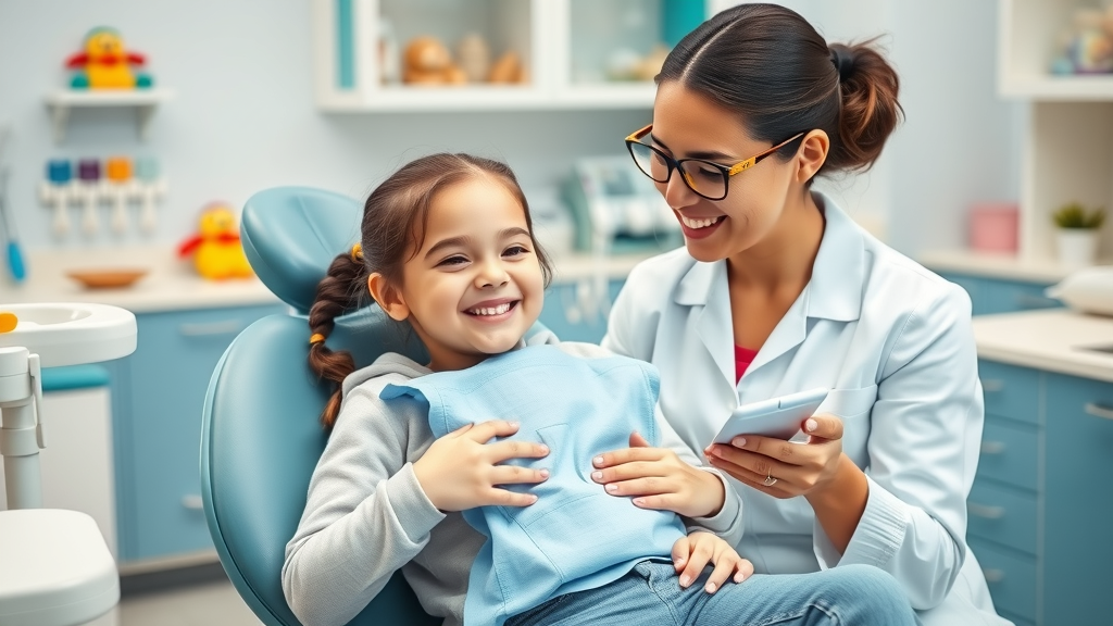 Child comforted by mother and dentist during family dentist visit