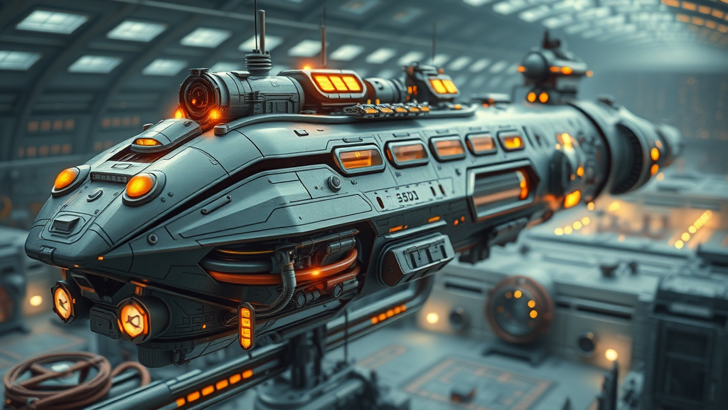 futuristic airship technology, innovative features, operating at Carson airship base, dynamic mechanisms, metallic details, ambient lighting