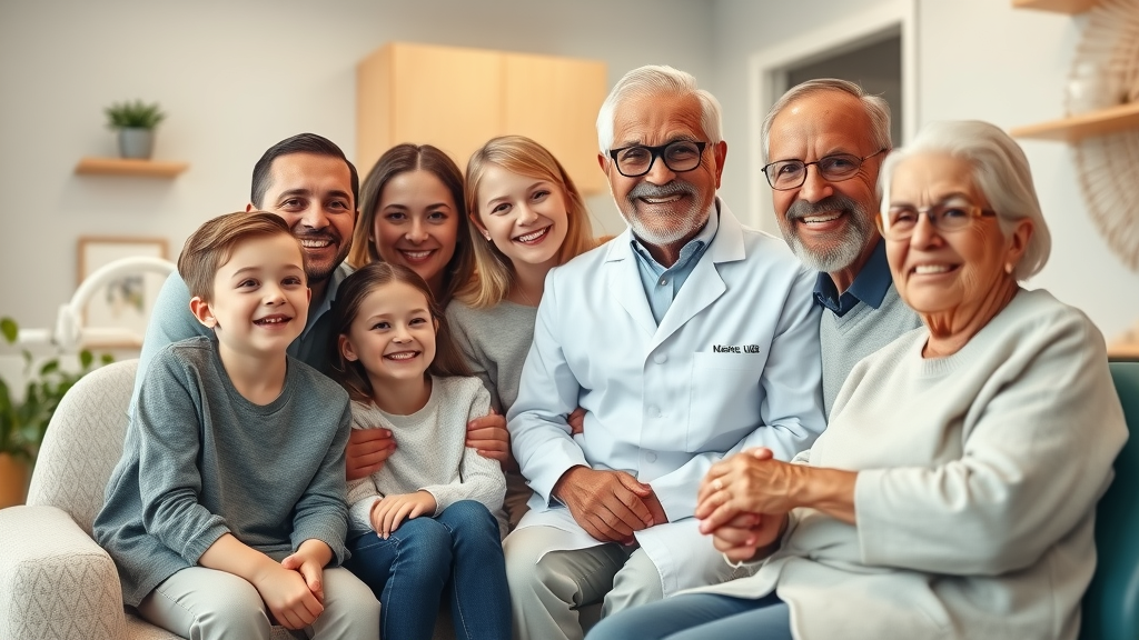 Multigenerational family smiling with family dentist in dental office