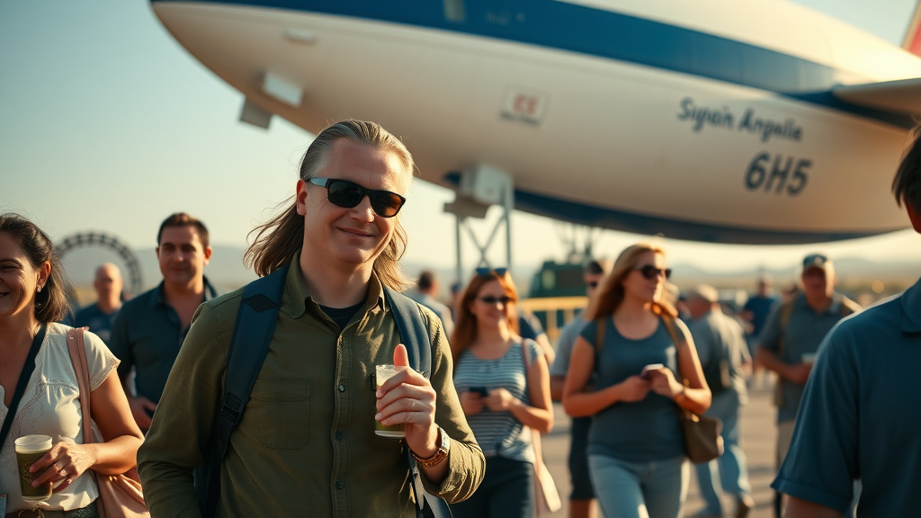 tourists exploring, energetic, immersed in activities, around the blimp base in Carson, highly detailed, engaging environment