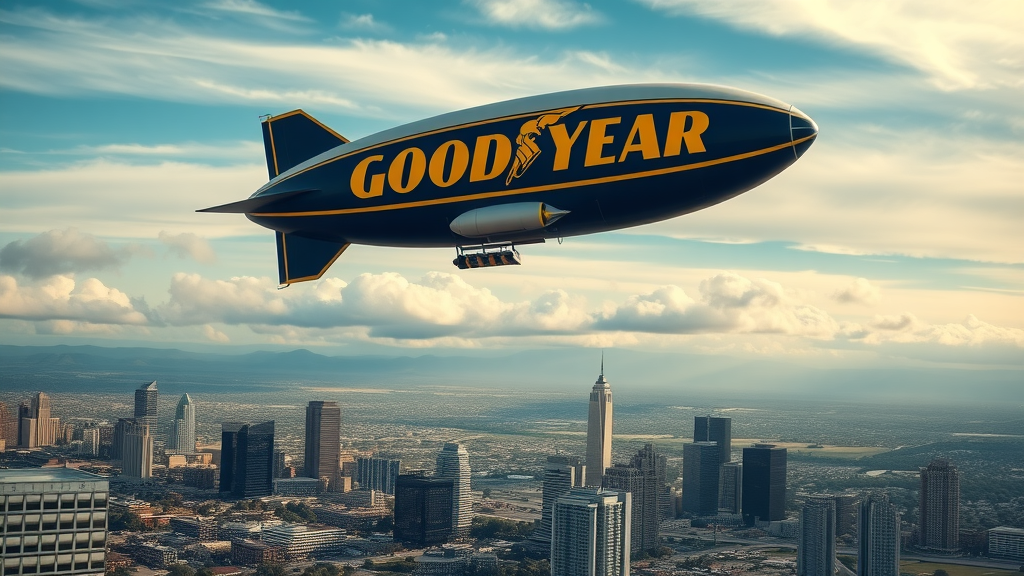 historic Goodyear Blimp in flight, majestically soaring above the city skyline of Carson, photorealistic aerial view, vibrant colors, soft daylight