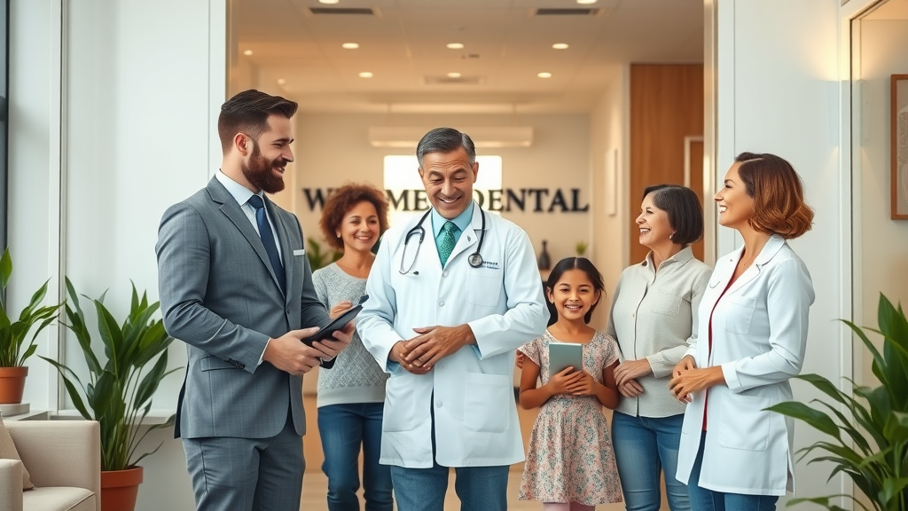 Family welcomed by dentist at dental clinic entrance for family dentistry