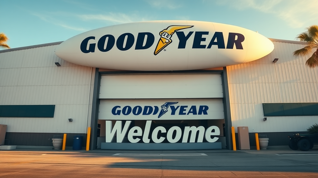 Goodyear Blimp hangar entrance, welcoming atmosphere, open to visitors in Carson, highly detailed, natural sunlight