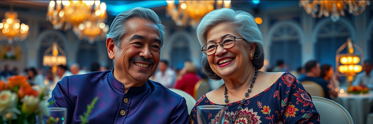 Happy older couple smiling at elegant family dentist banquet.