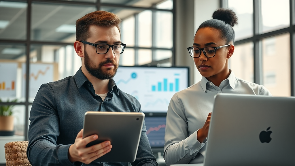 local seo small business owners reviewing digital marketing data in an office with SEO infographics on a monitor, business casual, soft daylight