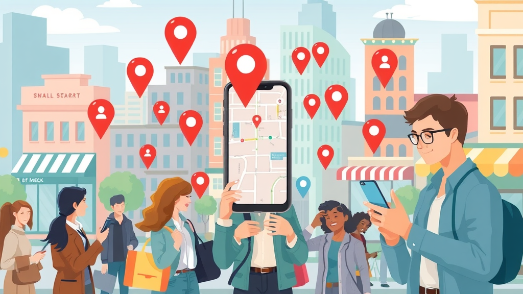 local search infographic with maps, location pins, small business storefronts showing local seo concepts