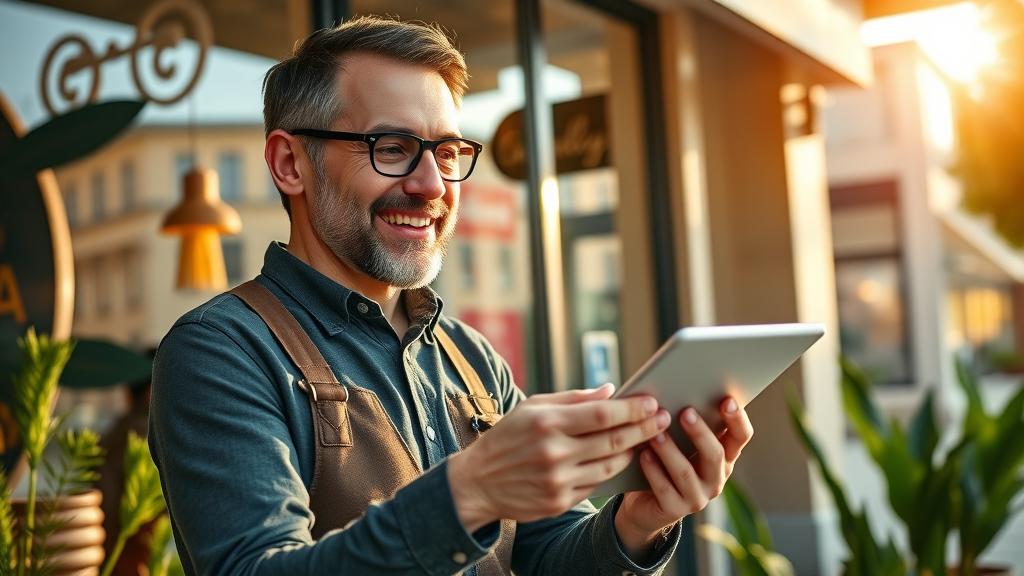 business owner updating business profile with ai-optimized google business profile tools, local seo storefront with plants and signage