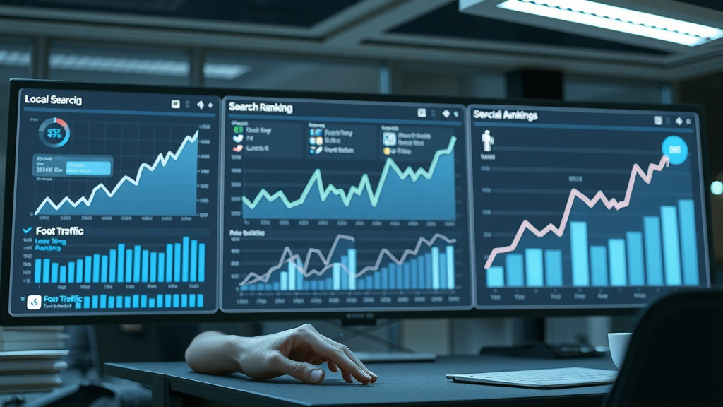 ai analytics dashboard showing rising local search rankings and foot traffic graphs for small businesses