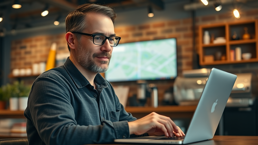 tech-savvy local business owner managing google maps and business profile using AI tools