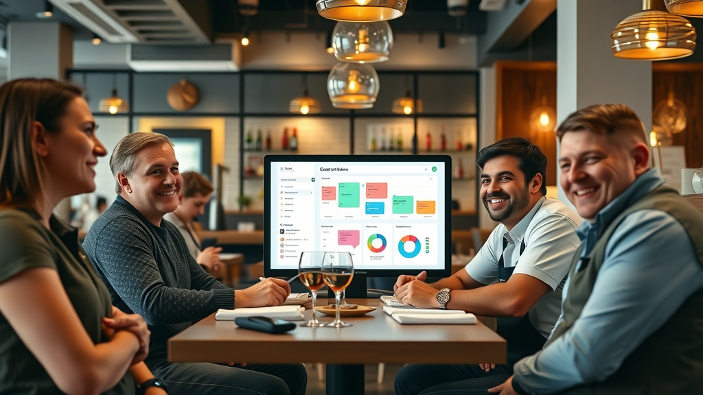 restaurant staff and diners discussing digital marketing dashboard for personalized email campaigns