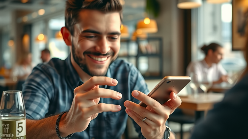 happy customer at restaurant opening personalized marketing email on smartphone