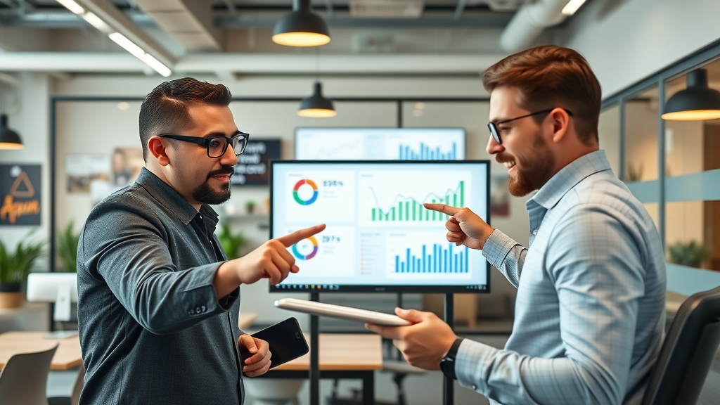 restaurant marketing team analyzing email campaign charts and planning strategy